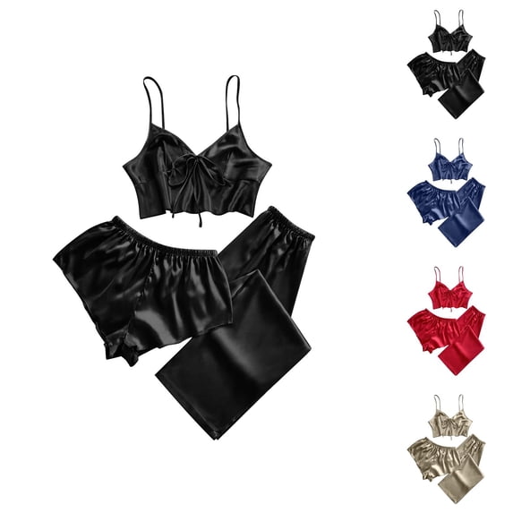 Lounge Sets for Women – Short Sleeve Comfy Pajama Sets Women's Fashion Suspender Nightdress Imitation Silk Sexy Home Clothes Summer Leisure Sexy Pajamas Three Piece Set