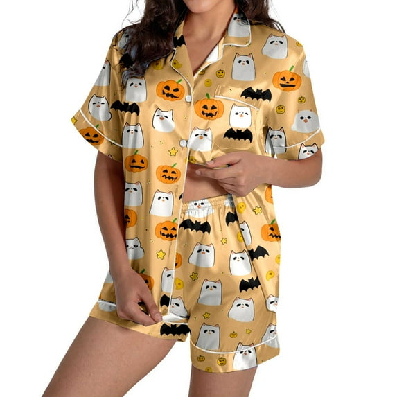 Lounge Sets for Women – Soft Modal Loungewear Stretch 2 Piece Sets for Women Nursing Pajamas or Maternity Sleepwear Women's Halloween Color Printed Silk Satin Short Sleeve Button Sleepwear Set