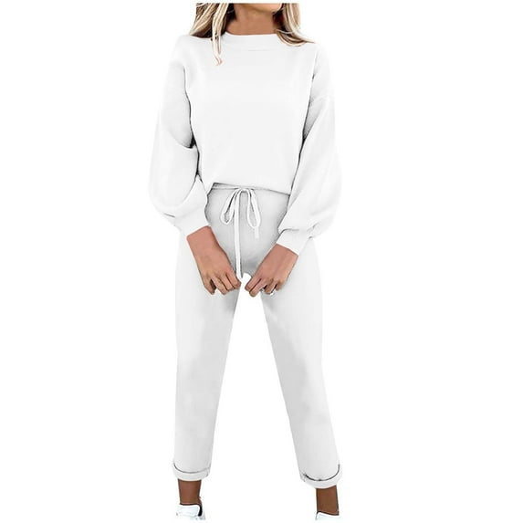 Lounge Sets for Women Solid Color Round-Neck Long Sleeve Pullover Elastic Waist Long Pants Set Workout Drawstring Pants Womens 2 Piece Outfits Lounge Sweatsuit Set Fall Fashion Set Trendy
