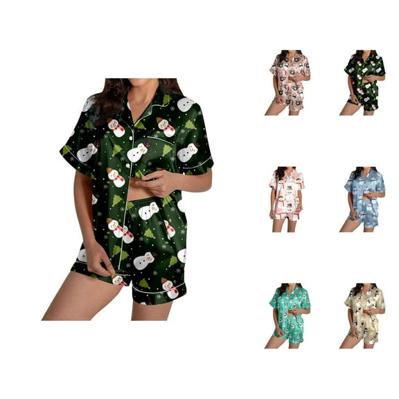 Lounge Sets for Women – Spring Floral Pajamas & Pajama Sets Women's Snowman Print Short Sleeve Top & Shorts Pajama Set Festive Christmas Sleepwear Ensemble
