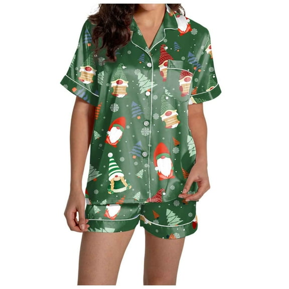 Lounge Sets for Women – Stylish Pajamas for Women Set with Button Tops for Travel or Brunch Women's Casual Christmas Print Pajama Set Silk Satin Short Sleeve Button Up Top And Shorts Set