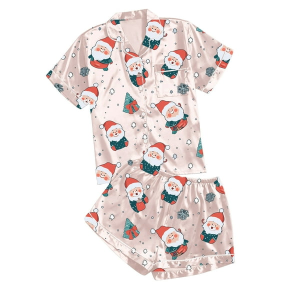 Lounge Sets for Women – Stylish Pajamas for Women Set with Button Tops for Travel or Brunch Women's Casual Printed Pyjama Set Silk Satin Short Sleeve Button Down Top And Shorts Set