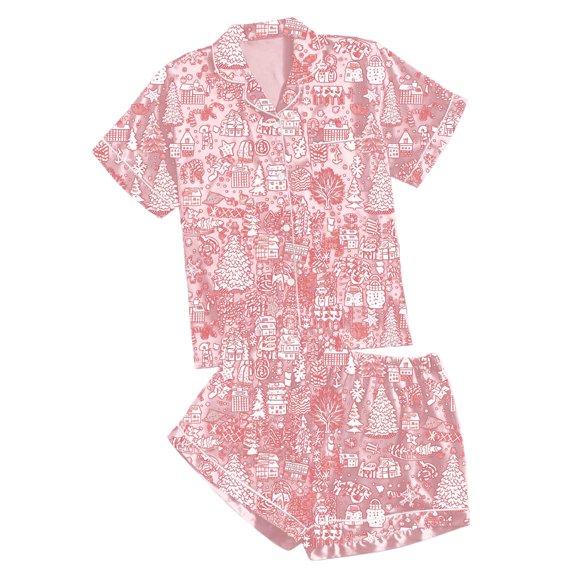 Lounge Sets for Women – Stylish Pajamas for Women Set with Button Tops for Travel or Brunch Women's Casual Printed Pyjama Set Silk Satin Short Sleeve Button Down Top And Shorts Set