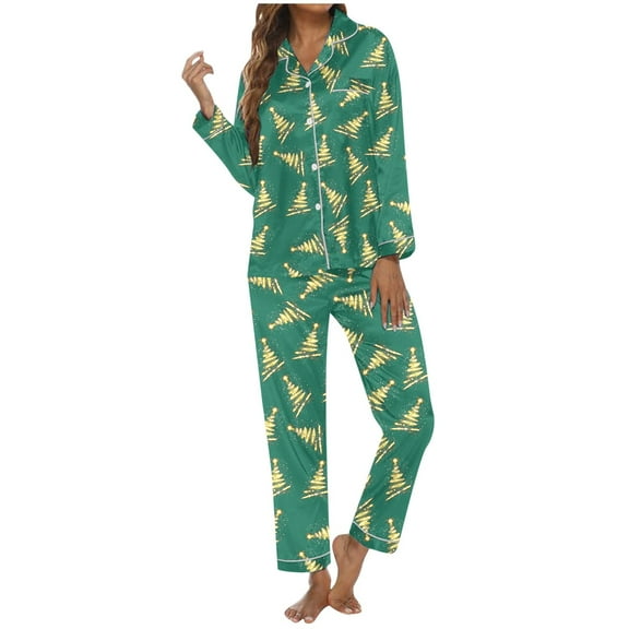 Lounge Sets for Women – Stylish Pajamas for Women Set with Button Tops for Travel or Brunch Women's Christmas Printed Button Pocket Long Sleeved Pants Home Sleepwear Set