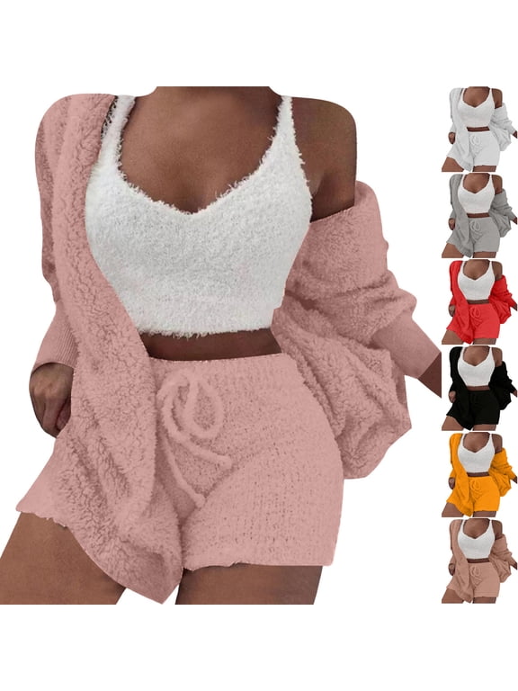 Lounge Sets for Women Teddy Vest Plush Long Sleeve Cardigan Fuzzy Elastic Waist Drawstring Shorts Casual Cozy Warm Loungewear Fashion Lightweight Fall Winter Thermal Outfits 3 Pcs