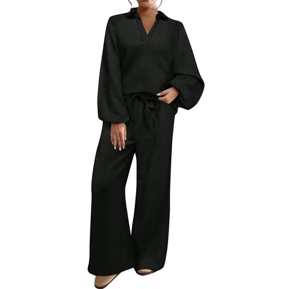 Lounge Sets for Women Two Piece Sets for Women Sweat Set Sets for Women Matching Set Women 2 Piece Fall Outfits Matching Lounge Set Waffle Knit Sets, Black-L