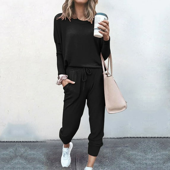 Lounge Sets for Women Two Piece Travel Outfits Dihao Women's Fall 2 Piece Lounge Outfit Long Sleeve Crewneck Pullover Tops High Waisted Pants Set Tracksuit Fashion 2024 Trendy Pajamas