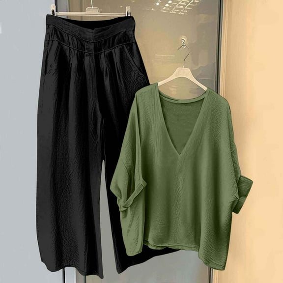 Lounge Sets for Women Vacation Casaul 2 Piece Outfits Batwing sleeve Oversized T-Shirt V-Neck Plain Lightweight Tops Loose Wide Legs Pants Cozy Long Trousers Summer Fall Comfy Travel Clothes
