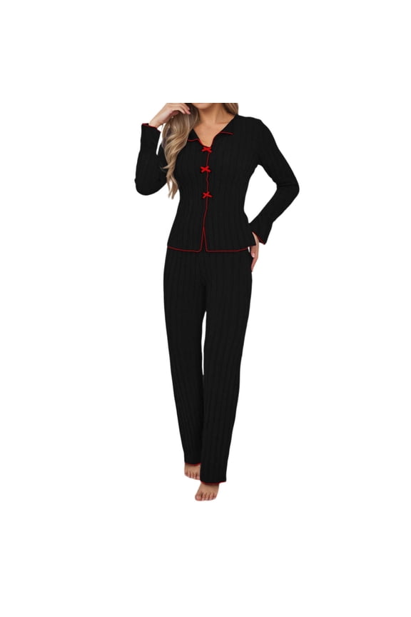 Lounge Sets for Women, Women's Sleepwear Set Long Sleeve Pajamas Winter Loungewear Cozy Home Outfit Casual Two Piece Outfit For Fall And Winter, Suits(Black,S)