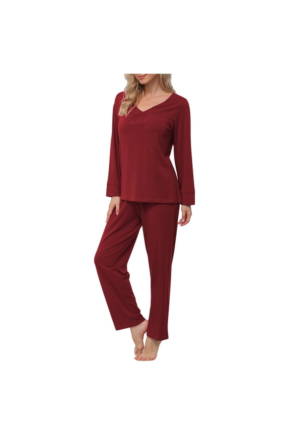 Lounge Sets Womens Soft Cotton Pajama Loungewear V Neck Long Sleeve T-shirt and Wide Leg Pant Suits 2 Piece Sleepwear (2XL, Wine)
