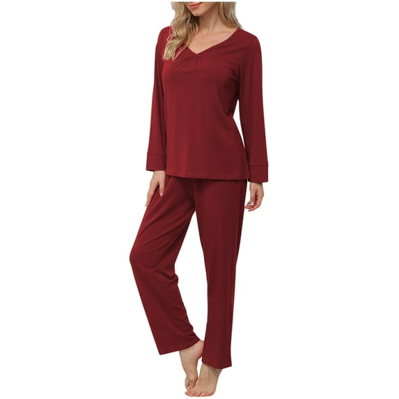 Lounge Sets Womens Soft Cotton Pajama Loungewear V Neck Long Sleeve T-shirt and Wide Leg Pant Suits 2 Piece Sleepwear (L, Wine)