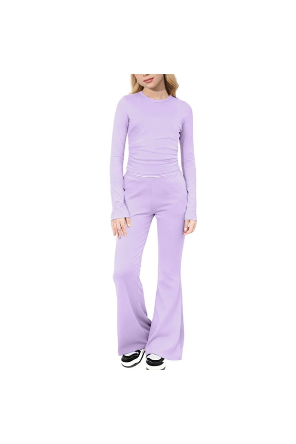 Lounge Sets for Girls Kids Solid Color Long Sleeve Shirts and Flared Pants Fall Outfits Girls' Clothing Sets 8-13 Years