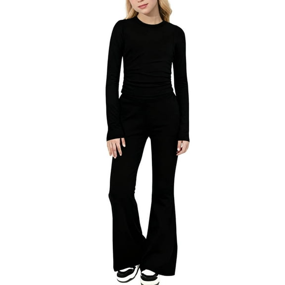 Lounge Sets for Girls Kids Solid Color Long Sleeve Shirts and Flared Pants Fall Outfits Girls' Clothing Sets 8-13 Years