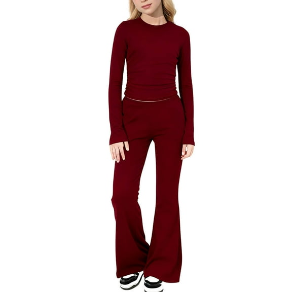 Lounge Sets for Girls Kids Solid Color Long Sleeve Shirts and Flared Pants Fall Outfits Girls' Clothing Sets 8-13 Years