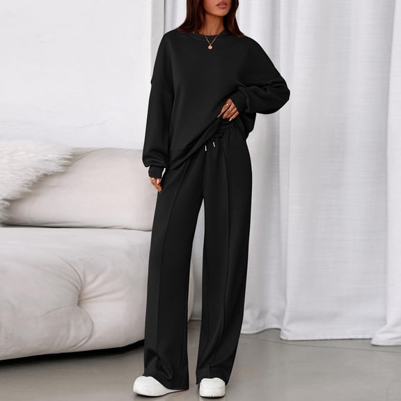Lounge Sets for Women 2 Piece Fall Outfits Long Sleeve Sweatshirt Wide Leg Pants Sweatsuit Cozy Fashion Black S