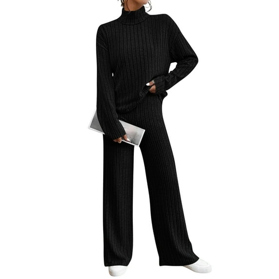 Lounge Sets for Women 2 Piece Outfit Set Long Sleeve Turtleneck Knit Pullover Sweater Top and Ribbed Wide Leg Pants Black M