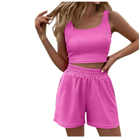 Lounge Sets for Women 2 Piece Outfits Homewear Crop Tank Tops with Loose Shorts Summer Casual Ribbed Pajama Set (Small, Pink)