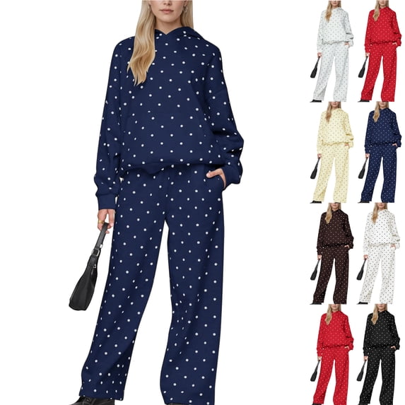 Lounge Sets for Women 2 Piece Polka Dot Set Hoodie and Sweatpants Sets for Women Trendy Oversized Sweat Set with Pockets Navy L