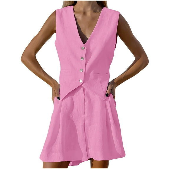 Lounge Sets for Women 2 Piece Summer Fashion Solid Color Sleeveless Button V Neck Tops High Waisted Wide Leg With Pockets Shorts