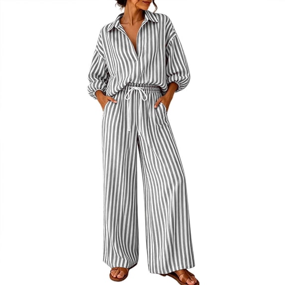 Lounge Sets for Women 2 Piece Sweatsuits Striped Long Sleeve Lapel Tops and Wide Leg Pants Fall Two Piece Outfits Set