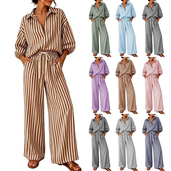 Lounge Sets for Women 2 Piece Sweatsuits Striped Long Sleeve Lapel Tops and Wide Leg Pants Fall Two Piece Outfits Set