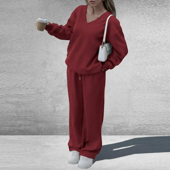 Lounge Sets for Women 2025 V Neck 2 Piece Outfits Airport Wide Leg Pants Matching Set Sweatsuits Wine XL
