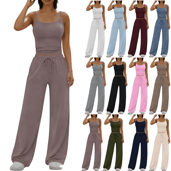 Lounge Sets for Women Adjustable Strap Backless Tops and Elastic High Waist Straight Leg Pants 2 Piece Gym Workout Sets Loungewear