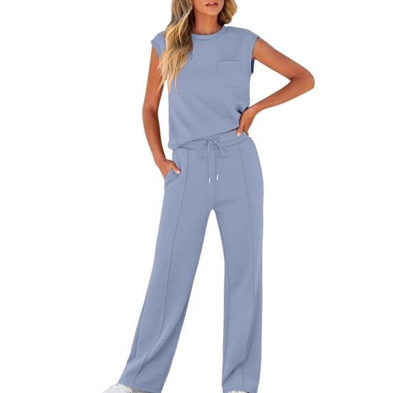 Lounge Sets for Women Casual 2 Piece Drawstring Long Pants with Pockets Round Neck Sleeveless High Elasticity Loose Set