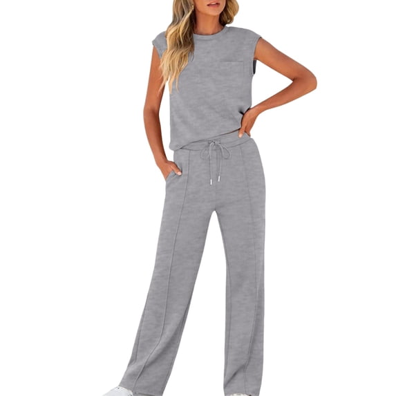 Lounge Sets for Women Casual 2 Piece Drawstring Long Pants with Pockets Round Neck Sleeveless High Elasticity Loose Set