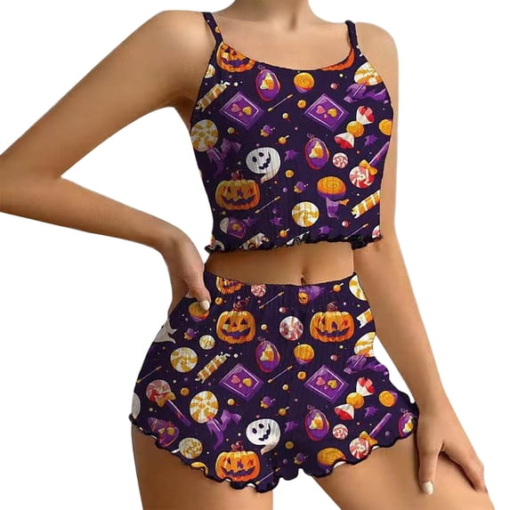 Lounge Sets for Women Comfortable Halloween Pattern Tank Top & Shorts Pajamas for Women