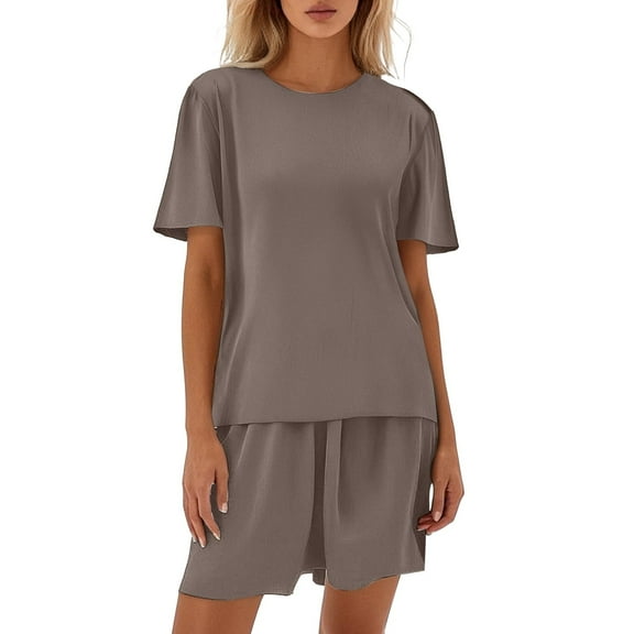 Lounge Sets for Women Comfy Pajamas Set 2 Piece Outfits Short Sleeve Tops and Wide Leg Shorts with Pockets Casual Loungewear (Grey,L)