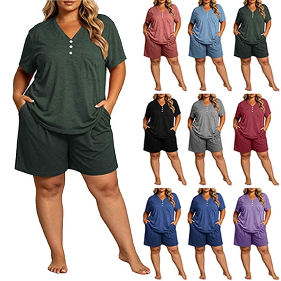 Womens Pajama Sets Dqueduo Women's Plus Size Solid Color Short Sleeve Shorts Pants Casual Home Suit Set