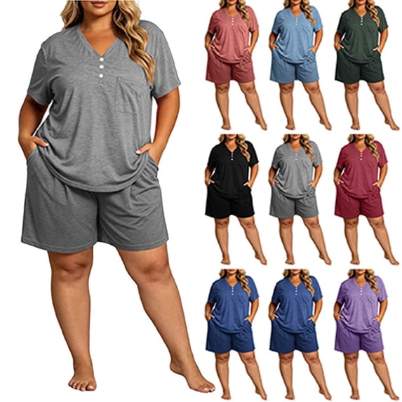 Womens Pajama Sets Dqueduo Women's Plus Size Solid Color Short Sleeve Shorts Pants Casual Home Suit Set
