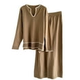 thumbnail image 1 of Lounge Sets for Women Knit Long Sleeve Pullover Tops Wide Leg Pants 2 Piece Sweater Sets Beige Free Size, 1 of 3