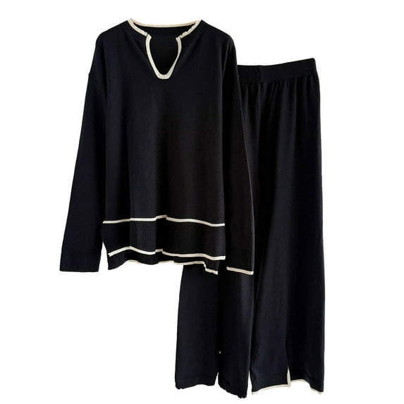 Lounge Sets for Women Knit Long Sleeve Pullover Tops Wide Leg Pants 2 Piece Sweater Sets Black Free Size