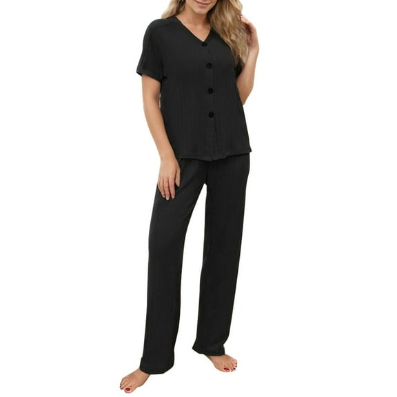 Lounge Sets for Women Knit Short Sleeve Tops and Long Pants Soft Comfy Pajamas Set Oversized 2 Piece Outfits
