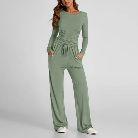 Lounge Sets for Women Long Sleeve Crewneck Neck Tops and Wide Leg Pants Solid Color Casual Travel Two Piece Comfiest Airport Outfits