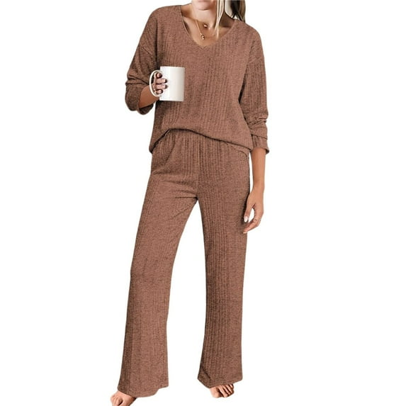 Lounge Sets for Women Long Sleeve Knit Ribbed Pajama Sets 2 Piece Casual Loungewear with Pockets Brown S