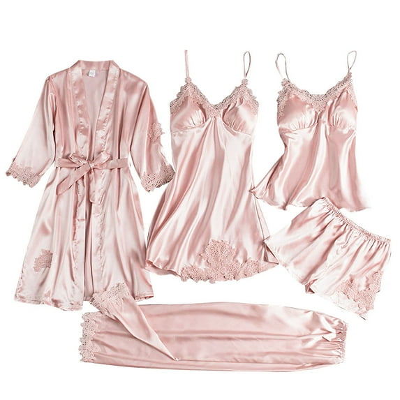 Lounge Sets for Women Long Sleeve Ladies Satin Pajamas 5 Piece Pajamas Silk Like Lace Paneled Sexy Pajamas PJ Sets for Women