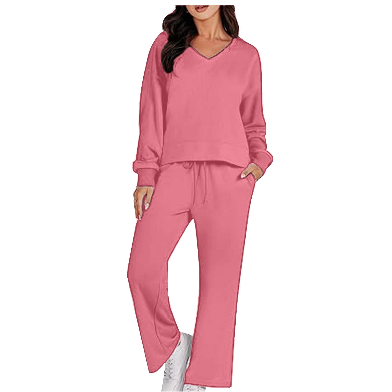 Lounge Sets for Women Long Sleeve V Neck Crop Top and Wide Leg Pants 2  Piece Sporty Casual Outfits Tracksuits (Small, Pink) 