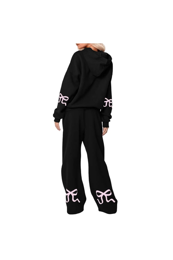 Lounge Sets for Women Outdoor Leisure Long Sleeve Hoodie Top and Loose Wide Leg Trousers with Bow Print Workout Set