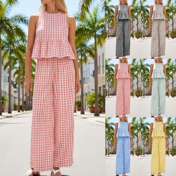 Lounge Sets for Women Plaid Sleeveless Crew Neck Top and Straight Leg Pants Casual Loose Womens Outfit