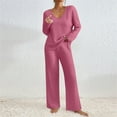 thumbnail image 1 of Lounge Sets for Women Ribbed Knit 2 Piece Outfits V Neck Long Sleeve Top and Pants Set Fall Soft Comfy Sleepwear Hot Pink L, 1 of 7