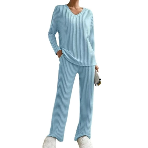 Lounge Sets for Women Ribbed Knit Outfits Pajamas Sets 2 Piece Long Sleeve Sweatsuits with Pockets Shermie