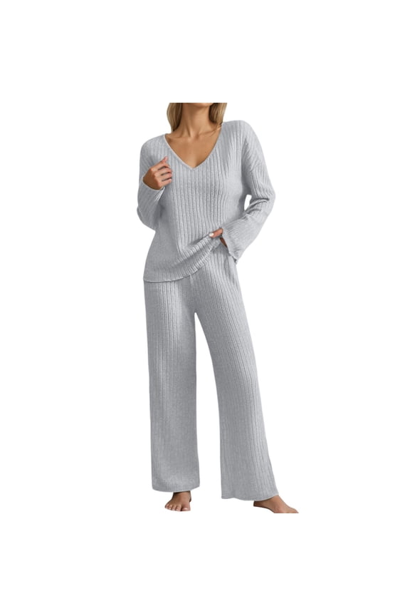 Lounge Sets for Women Ribbed Knit Pajama Sets 2 Piece Long Sleeve V Neck Pjs Soft Loungewear Outfits with Pockets Grey L