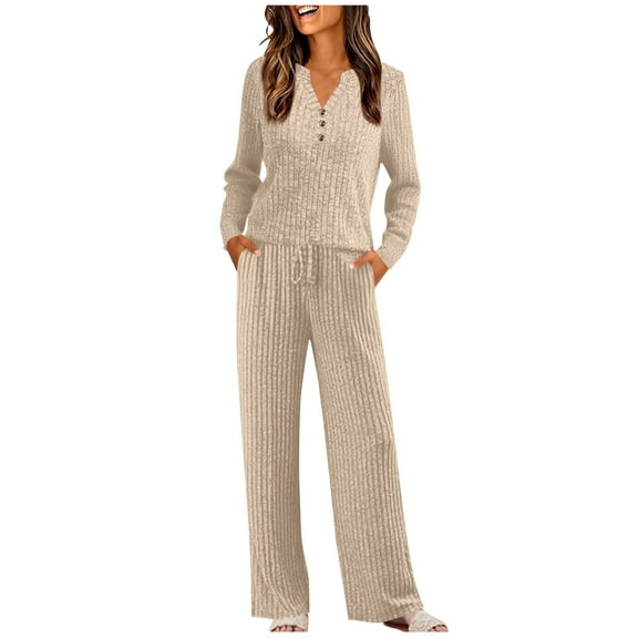 Lounge Sets for Women Ribbed Knit V Neck Long Sleeve Top Matching Long Pants Loose 2 Piece Pajamas Sweatsuits Outfits