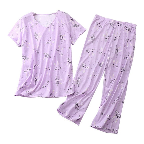 Lounge Sets for Women Short Sleeve Cotton Pajama Cute 2 Piece Comfy Summer V Neck Shirt Capri Sleepwear PJ Sets for Women