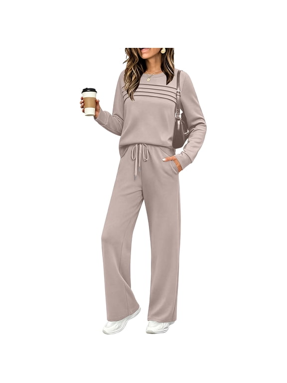 Lounge Sets for Women Soft Vacation Outfit Long Sleeve Tops and Wide Leg Pants Loose Fit Matching Lounge Sets Fall Fashion Beige 3XL