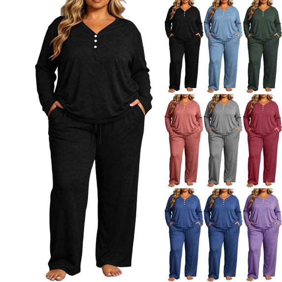 Lounge Sets for Women Solid Color Button V-neck Long Sleeved Shirt Fashionable Pants Casual Soft Comfortable Pajamas Set 2 Piece Outfits