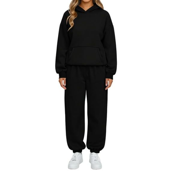 Lounge Sets for Women Solid Color Long Sleeved Hoodie Casual Sweatpants with Pockets 2 Piece Fall Outfits 2025 Black M